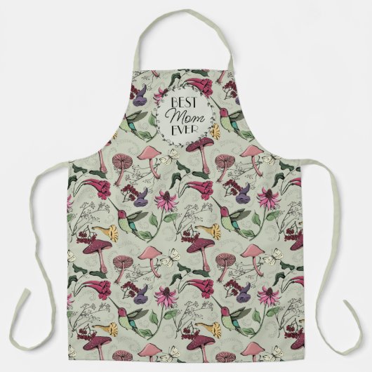 Sage Groen Beste Moeder Ooit Bloemen & Kolibrie Schort (Voorkant)