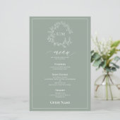 Sage Groen Blad Crest Monogram Gast Bruiloft Menu (Staand voorkant)