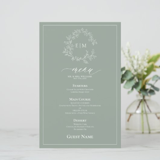 Sage Groen Blad Crest Monogram Gast Bruiloft Menu (Staand voorkant)