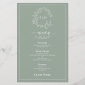 Sage Groen Blad Crest Monogram Gast Bruiloft Menu (Voorkant)
