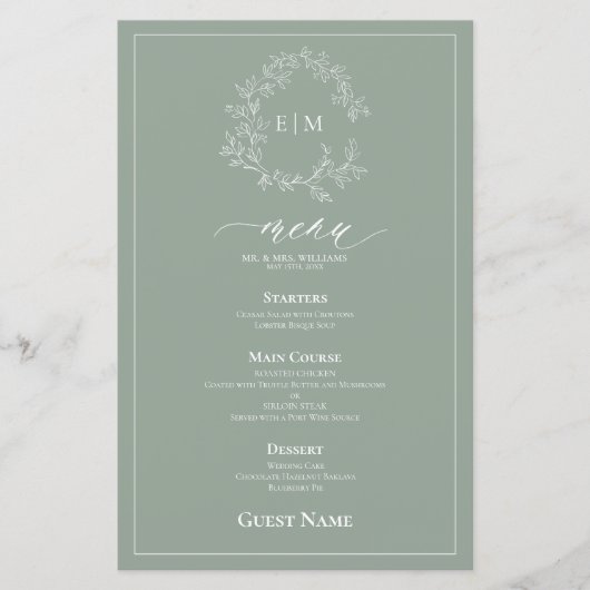 Sage Groen Blad Crest Monogram Gast Bruiloft Menu (Voorkant)
