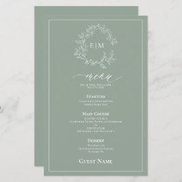Sage Groen Blad Crest Monogram Gast Bruiloft Menu