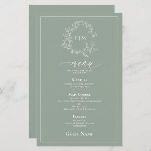 Sage Groen Blad Crest Monogram Gast Bruiloft Menu