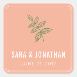 Sage Groen Blad op Koraal Bruiloft Vierkante Sticker
