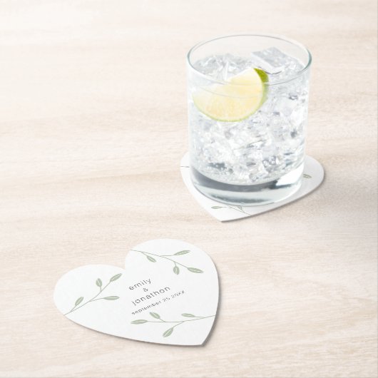 Sage Groen Bladblad Stoffige Namen Datum Bruiloft  Kartonnen Onderzetters (Insitu)