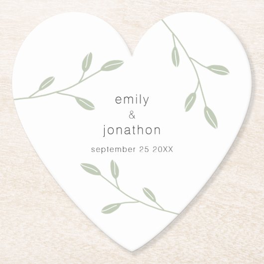 Sage Groen Bladblad Stoffige Namen Datum Bruiloft  Kartonnen Onderzetters (Voorkant)