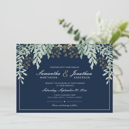 Sage Groen Bladeren op Donkerblauw | Bruiloft Kaart (Staand voorkant)