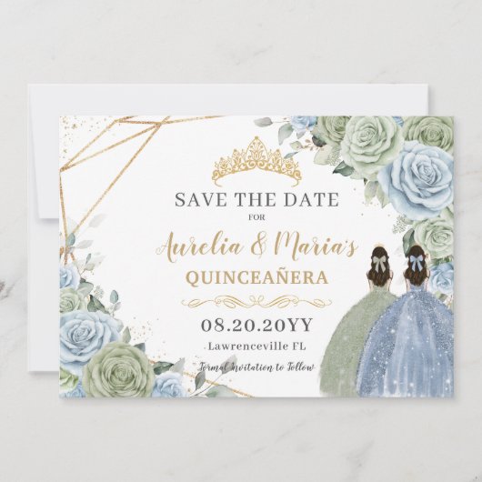 Sage Groen Blauw Bloemen Twins Quinceanera Sweet 1 Save The Date (Voorkant)