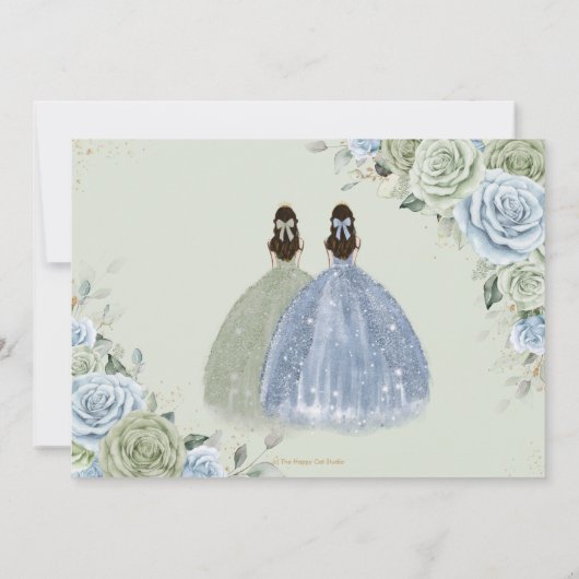 Sage Groen Blauw Bloemen Twins Quinceanera Sweet 1 Save The Date (Achterkant)