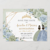 Sage Groen Blauw Bloemen Twins Quinceanera Sweet 1 Save The Date (Voorkant / Achterkant)