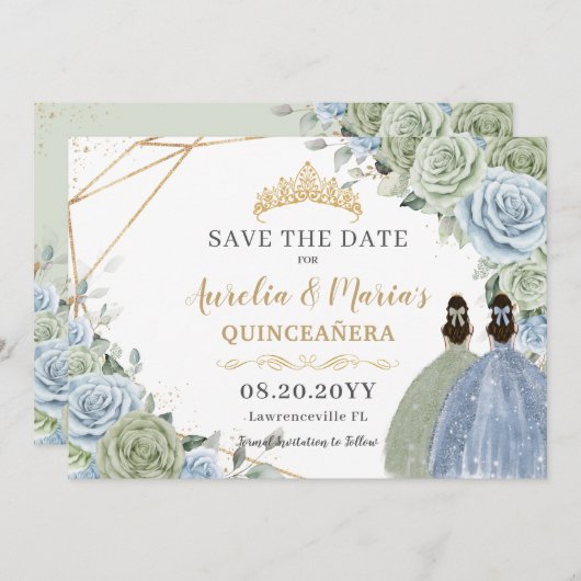 Sage Groen Blauw Bloemen Twins Quinceanera Sweet 1 Save The Date (Voorkant / Achterkant)