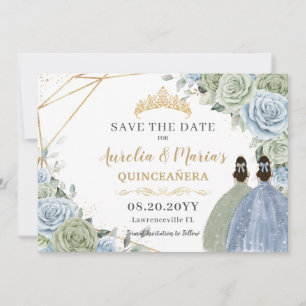 Sage Groen Blauw Bloemen Twins Quinceanera Sweet 1 Save The Date