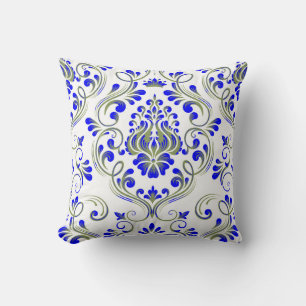 Sage Groen Blauw Damask Bloempatroon Elegant Kussen