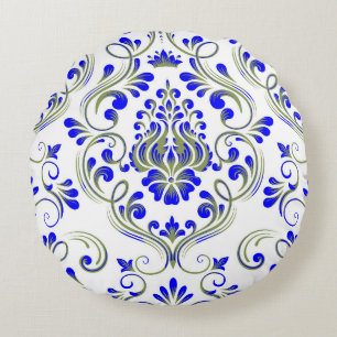 Sage Groen Blauw Damask Bloempatroon Elegant Rond Kussen