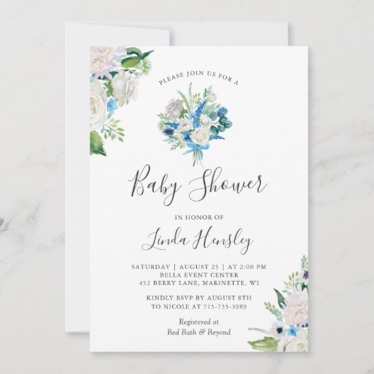 Sage Groen Blauw Wit Bloemboeket Baby shower Kaart (Voorkant)