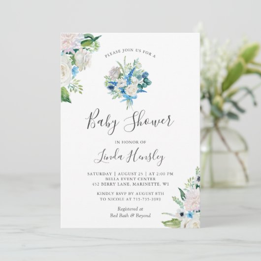 Sage Groen Blauw Wit Bloemboeket Baby shower Kaart (Staand voorkant)