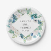 Sage Groen Blauw Wit Pastel Bloemen Krans Bruiloft Papieren Bordje (Voorkant)
