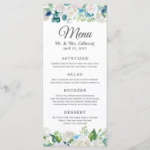 Sage Groen Blauw Wit Pioenrozen Bloemenbruiloft Menu (Voorkant)