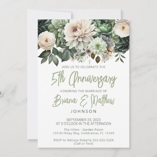 Sage Groen Bloemen 5e Bruiloft Jubileum Kaart (Voorkant)