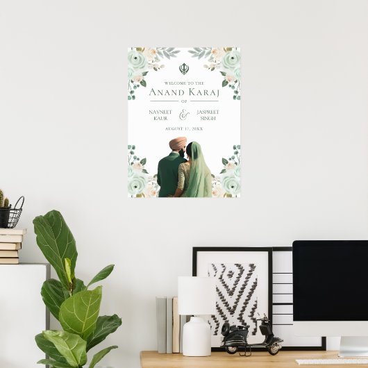 Sage Groen Bloemen Anand Karaj Bruiloft Welkomstbo Poster (Thuiskantoor)
