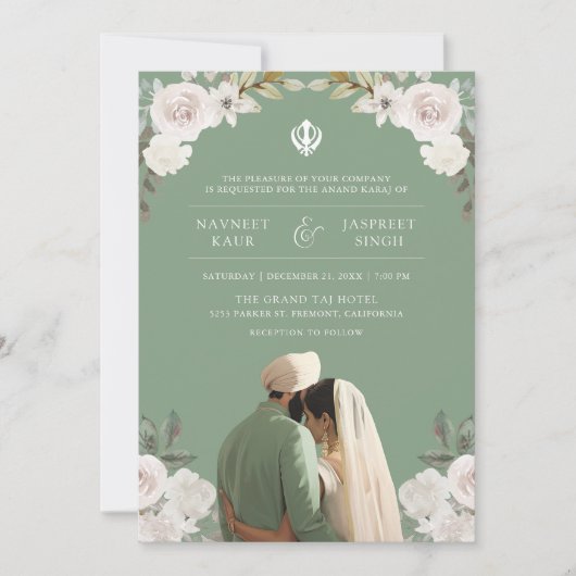 Sage Groen Bloemen Anand Karaj Indian Sikh Bruilof Kaart (Voorkant)