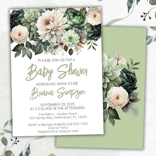 Sage Groen Bloemen Baby shower Kaart