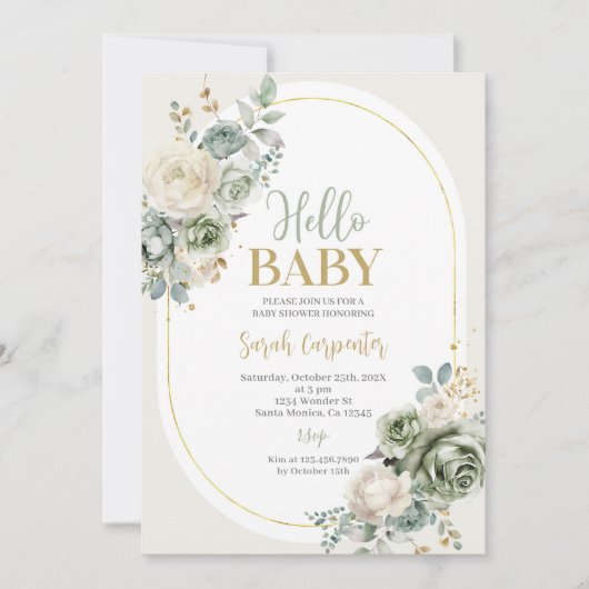 Sage Groen Bloemen Baby shower Kaart (Voorkant)