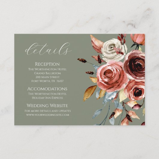 Sage Groen Bloemen Bruiloft Details Behuizing Kaar Informatiekaartje (Voorkant)