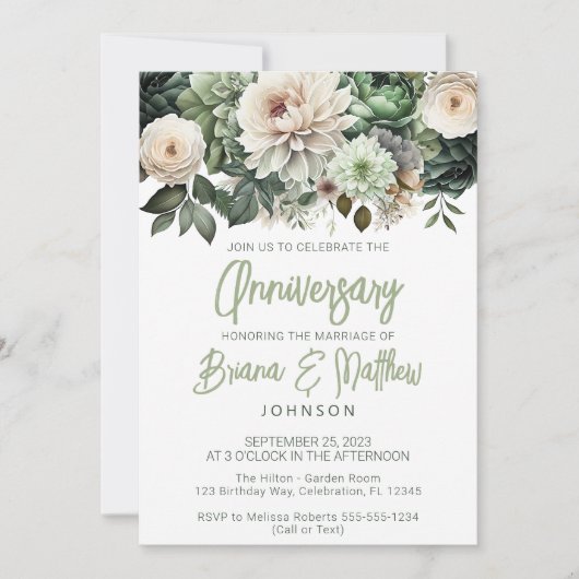 Sage Groen Bloemen Bruiloft Jubileum Kaart (Voorkant)