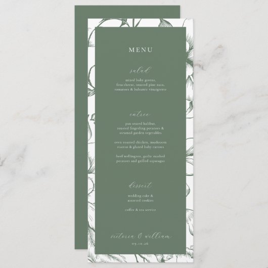 Sage Groen Bloemen Bruiloft Menu en Dank u (Voorkant / Achterkant)