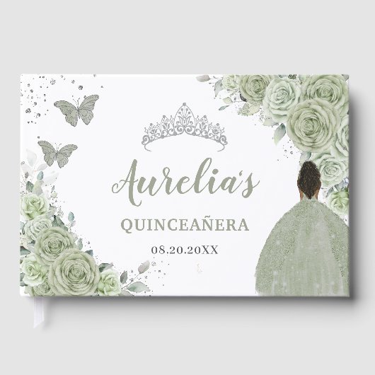 Sage Groen Bloemen Bruin Meisje Prinses Quinceañer Gastenboek (Voorkant)