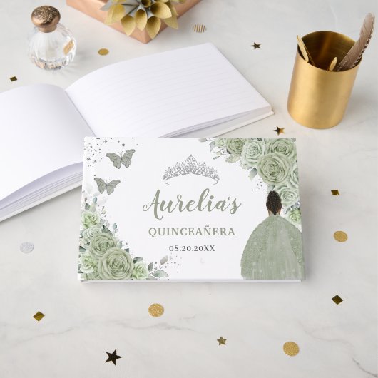 Sage Groen Bloemen Bruin Meisje Prinses Quinceañer Gastenboek (Voorkant open)