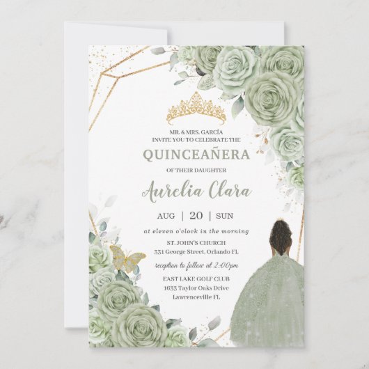 Sage Groen Bloemen Bruin Prinses Quinceañera QR Kaart (Voorkant)