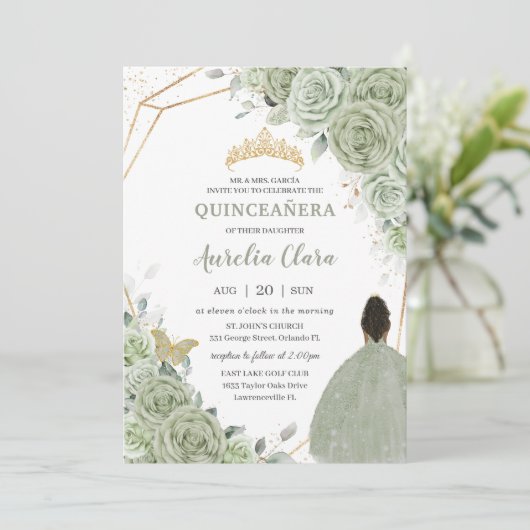 Sage Groen Bloemen Bruin Prinses Quinceañera QR Kaart (Staand voorkant)