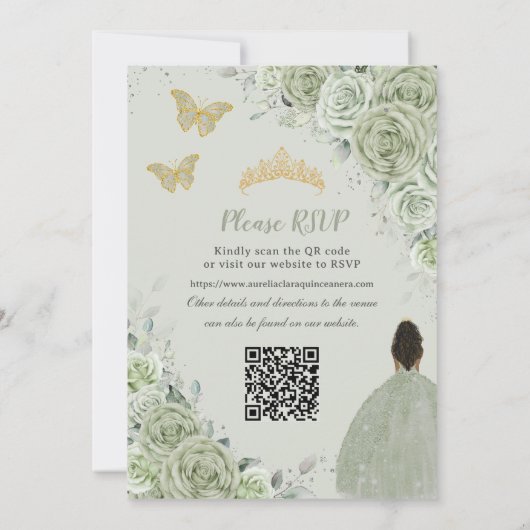 Sage Groen Bloemen Bruin Prinses Quinceañera QR Kaart (Achterkant)