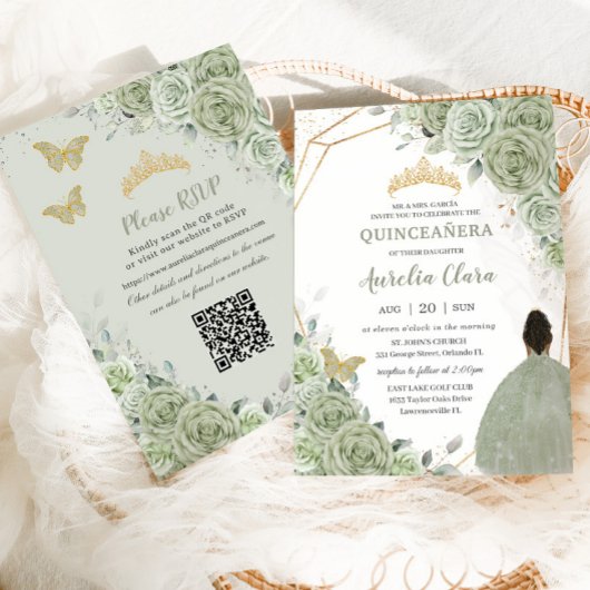 Sage Groen Bloemen Bruin Prinses Quinceañera QR Kaart