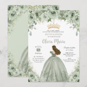 Sage Groen Bloemen Brunette Prinses Quinceañera Kaart (Voorkant / Achterkant)