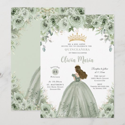 Sage Groen Bloemen Brunette Prinses Quinceañera Kaart (Voorkant / Achterkant)