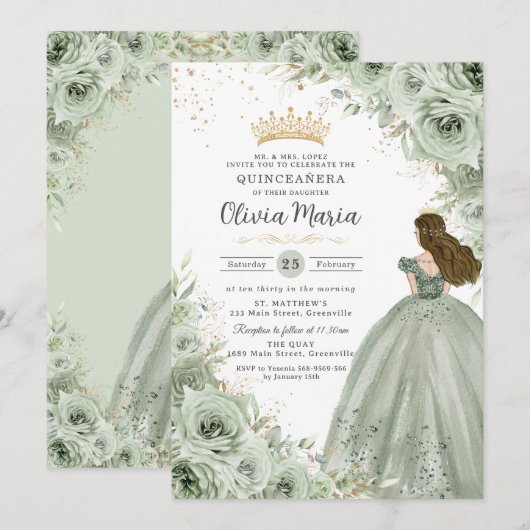 Sage Groen Bloemen Brunette Prinses Quinceañera Kaart (Voorkant / Achterkant)