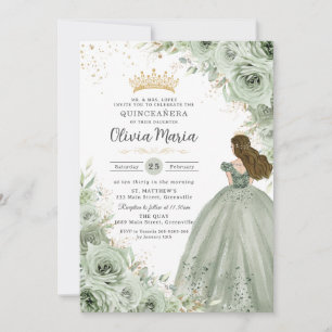 Sage Groen Bloemen Brunette Prinses Quinceañera Kaart