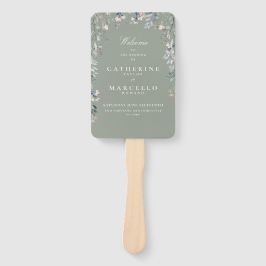 Sage Groen Bloemen Cascade Bruiloft Programma Handwaaier (Voorkant)