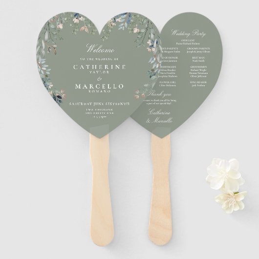 Sage Groen Bloemen Cascade Bruiloft Programma Handwaaier (Voorkant en achterkant)