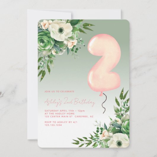 Sage Groen Bloemen Elegant 2e Verjaardag Kaart (Voorkant)