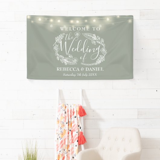 Sage Groen Bloemen Garland Script Bruiloft Spandoek (Insitu)