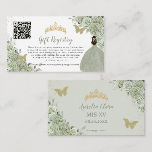 Sage Groen Bloemen Goud Quinceañera Gift Registry Informatiekaartje (Voorkant / Achterkant)