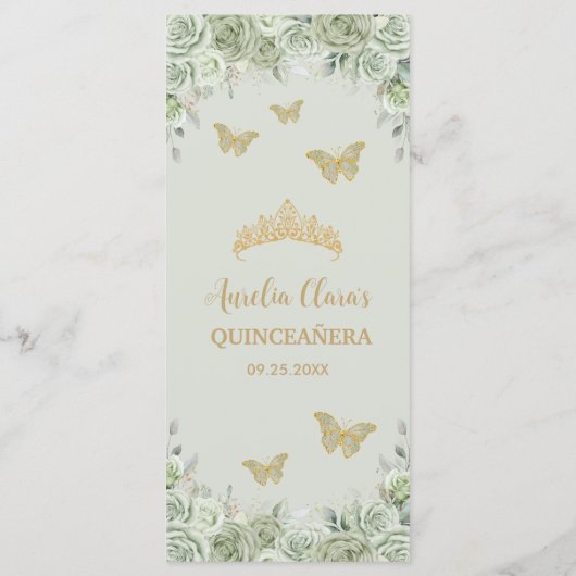 Sage Groen Bloemen Goud Quinceanera Verjaardagsmen Programmakaart (Achterkant)