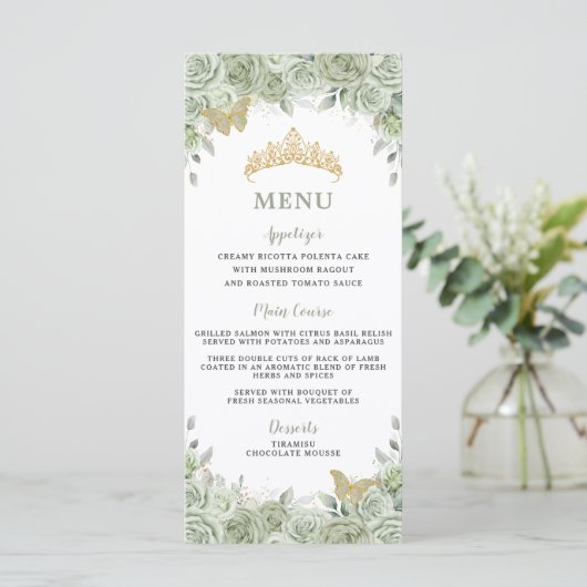 Sage Groen Bloemen Goud Quinceanera Verjaardagsmen Programmakaart (Staand voorkant)