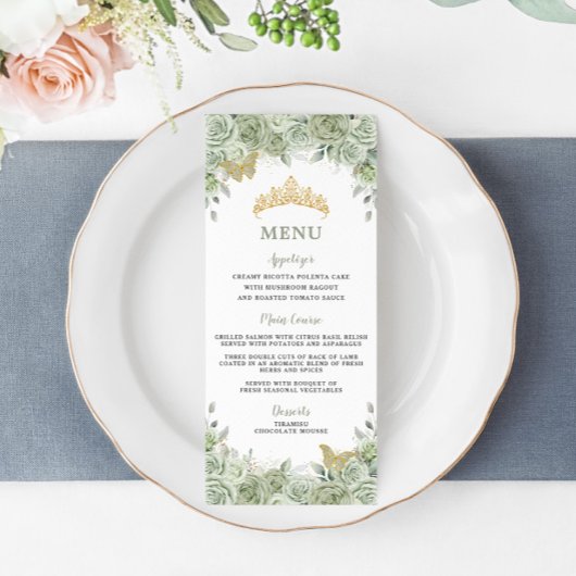 Sage Groen Bloemen Goud Quinceanera Verjaardagsmen Programmakaart