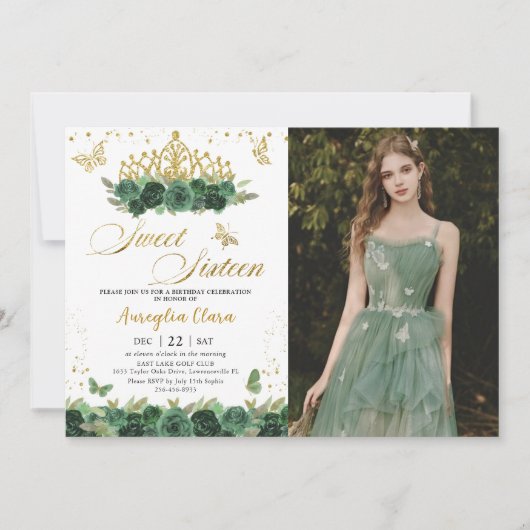 Sage Groen Bloemen Goud Zoet Zestien 16 Verjaardag Kaart (Voorkant)