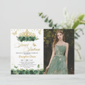 Sage Groen Bloemen Goud Zoet Zestien 16 Verjaardag Kaart (Staand voorkant)